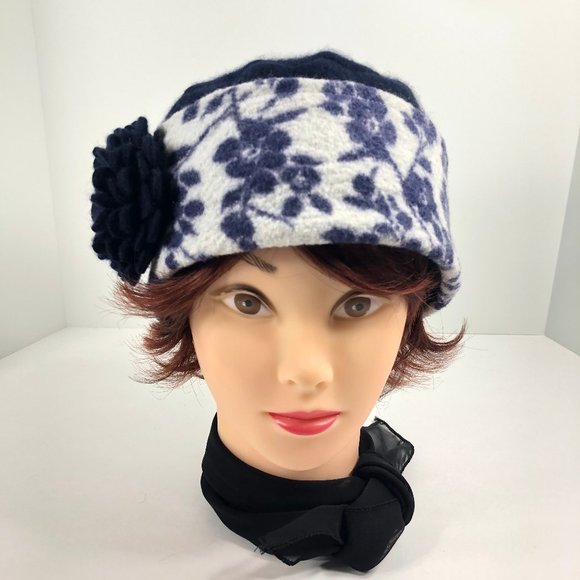 Navy Floral Cashmere Sweater Hat & Flower Pin - Picture 3 of 9
